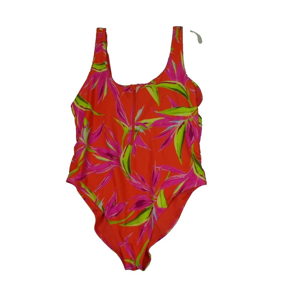 Old Navy Womens 2X Tropical Floral One Piece Swimsuit Orange Pink Zip Front NWT